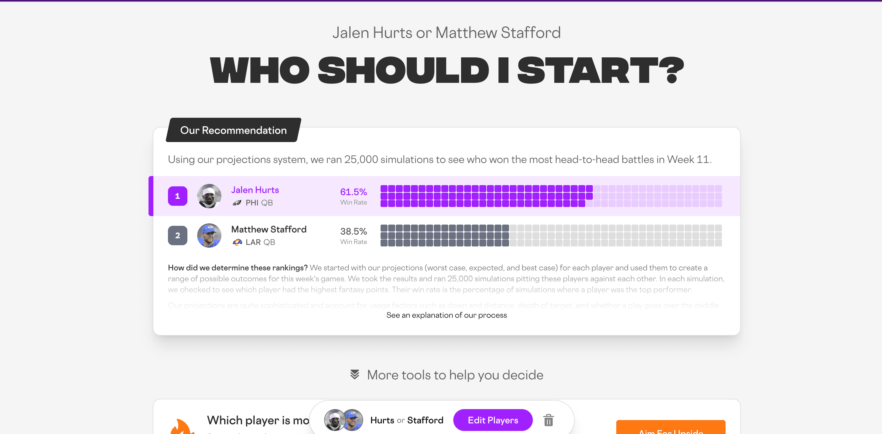 Screenshot of Fantasy Football Start / Sit Tool